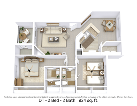 This is a 3D-floor plan providing a detailed, angled view of the space with room layouts, furniture placement, and spatial flow. Features 2 bedrooms, 2 bathrooms, and approximately 924 Sq. Ft.